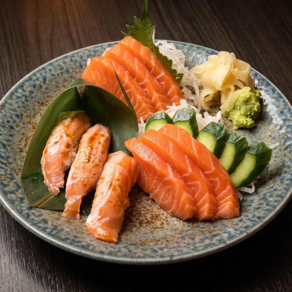 A blue speckled plate holds salmon sashimi, nigiri, cucumber slices, shredded daikon, pickled ginger, and wasabi.