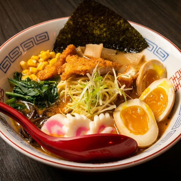 Delicious ramen bowl with crispy chicken, soft-boiled eggs, corn, spinach, fish cakes, and nori.
